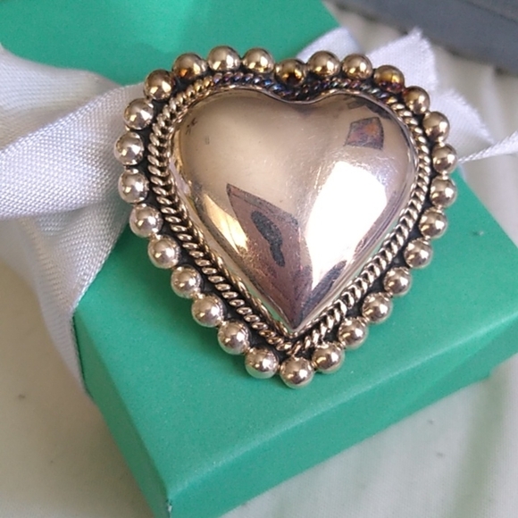 Sterling Jewelry - Sterling Silver Puffy Heart Brooch Pin 925 Beaded edge Mexico